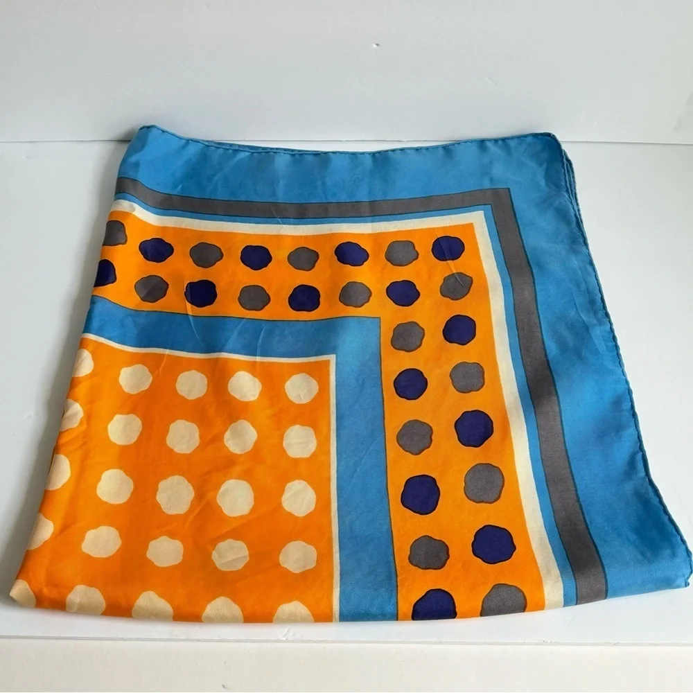 Vintage Yves Saint Laurent Silk‎ Scarf Blue Orange Large Polka Dot Geometric Mod